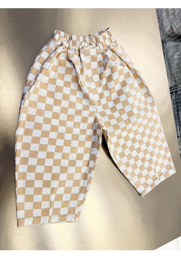 Magu Çocuk Pamuklu Bej Dama Desenli Oversize Pantolon