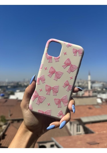 İphone 13 Pro Max Uyumlu Pembe Kurdeleler Tasarımlı Telefon Kılıfı - Krem