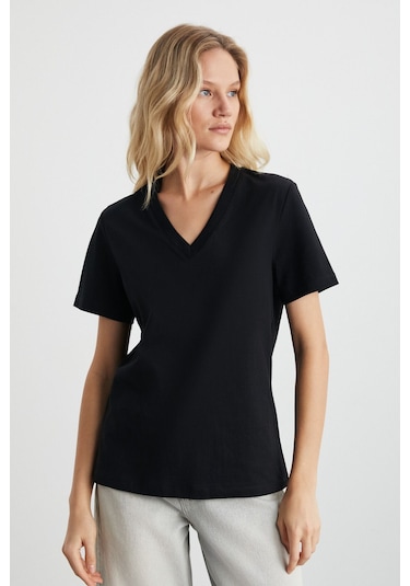 GRIMELANGE Alıne Kadın %100 Organik Pamuk Derin V Yakalı Comfort Fit Siyah T-shirt Siyah