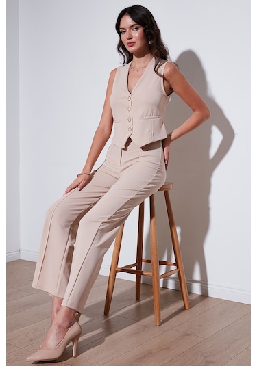 Lela Streç Fitted Fit V Yaka Düğmeli Bayan Yelek 5865971 Taş