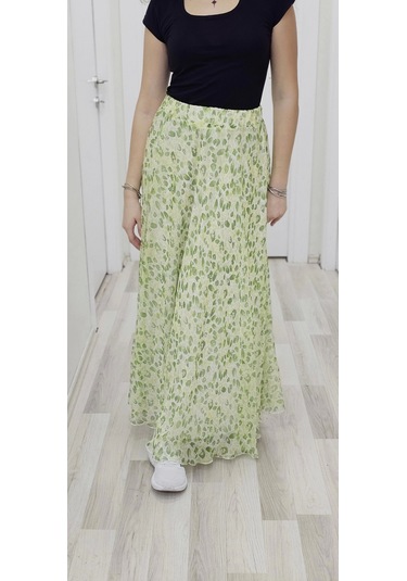Bel Lastikli Kloş Şifon Etek 6003-Beyaz - Yeşil