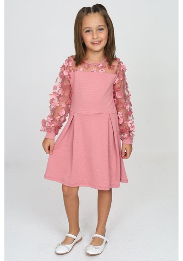 Tül Detaylı Siyah Elbise 2 Pembe