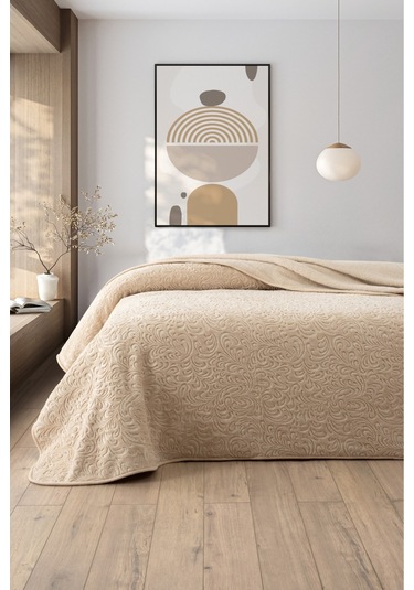 Jakarlı Kadife Dokulu Çift Kişilik Kalın Battaniye Yumuşak, Sıcak Ve Şık Yatak Örtüsü Bej Krem