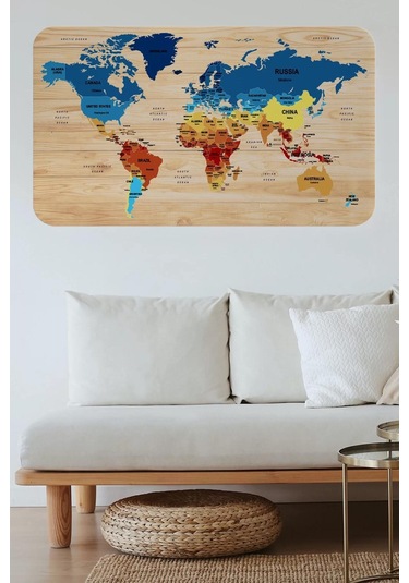 Ahşap Görünümlü Eğitici Detaylı Atlası Dünya Haritası Duvar Sticker -60x105-3856 Renkli