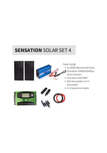 Sensation Solar Set Paket 4 Karavan, Bağ Evi Monokristal Güneş Paneli-pwm-inverter Modifiye Sinüs