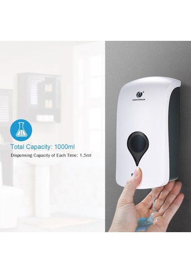 Hangfox 1000ml Duvar Tipi Manuel Sabun Dispenseri - Dikişsiz Montaj - Açık Pencere - 1.5ml Damla - Beyaz Halka İçin Beyaz