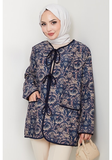 Etnik Desen Bağlamalı Kapitone Ceket 1618 - Lacivert Lacivert