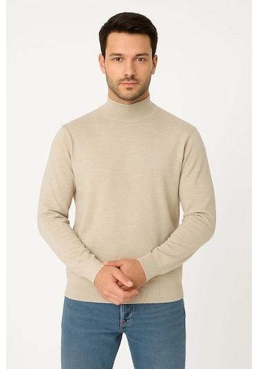Erkek Yarım Boğaz Triko Kazak Yumuşak Dokulu Pamuklu İnce Dokuma, Uzun Kollu Rahat Regular Kalıp - B Bej