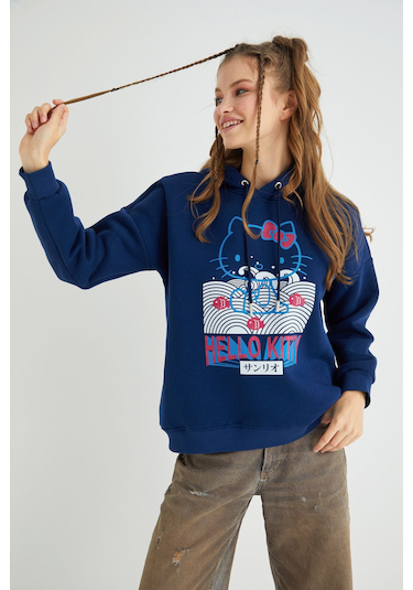 Hello Kitty Lisanslı Baskılı Kapüşonlu Lacivert Sweatshirt Renkli