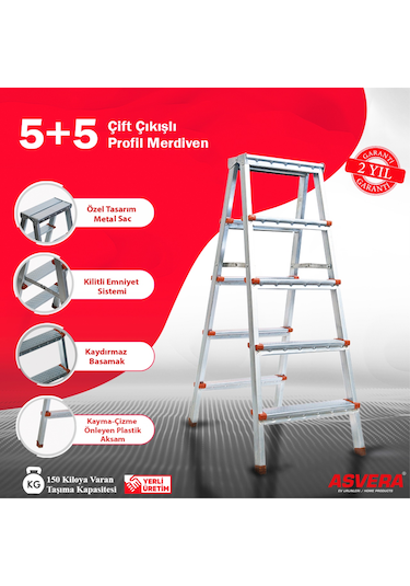 Safir Serisi - 5+5 Basamaklı Çift Çıkışlı Galvanizli Profil Merdiven Ev, Bahçe, İşyeri İçin Uygun