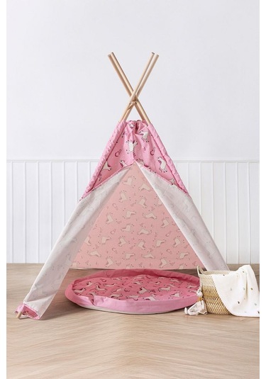 Çocuk Oyun Çadırı Ahşap Direkli Geniş Oyun Evi 150x150x200 Cm Pembe