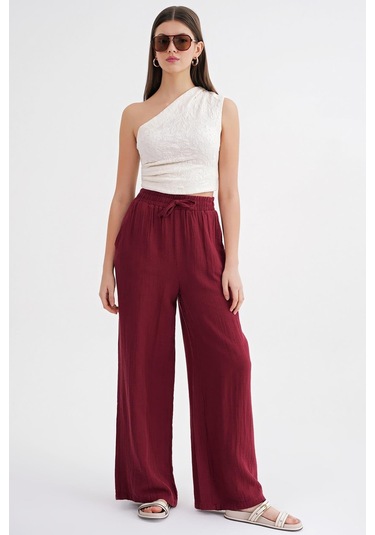 4286 Kadın Bol Paça Beli Lastikli Müslin Palazzo Pantolon Bordo Bordo
