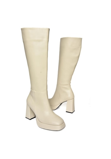 Fox Shoes R282230109 Bej Platform Kalın Topuklu Kadın Çizme Bej