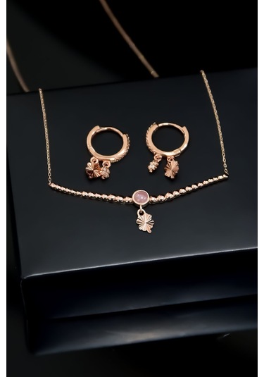 Papatya Silver 925 Ayar Gümüş Rose Kaplama Top Motifli Pembe Ay Taşı Yonca Kolye ve Küpe Set