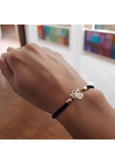 G Harfine Özel 14 Ayar Altın Plakalı Mevlana Motifli Örgü İpli Hediye Bileklik-319harf-siyah Altın