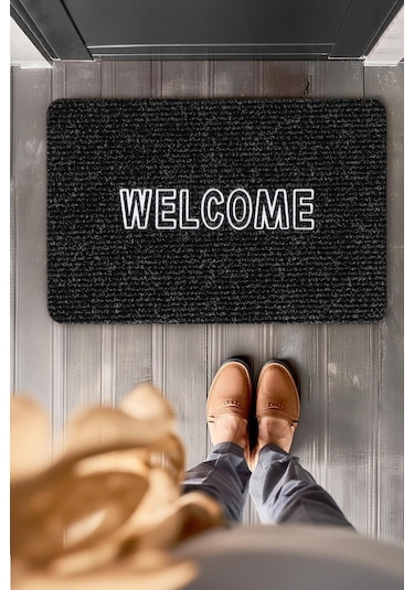 Welcome Deri Baskılı Uv Dayanıklı Kapı Önü Paspası Ps012a Siyah