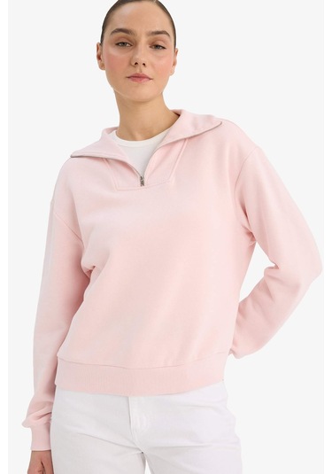 Defacto Regular Fit Yarım Fermuarlı Balıkçı Yaka Basic Düz Sweatshirt G4761ax25wnpn648 Pembe-pn648