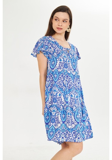 Mavi Yuvarlak Yakalı Kısa Mendil Kol Etnik Otantik Desenli Rahat Kesim A-line Kısa Elbise Mavi-beyaz