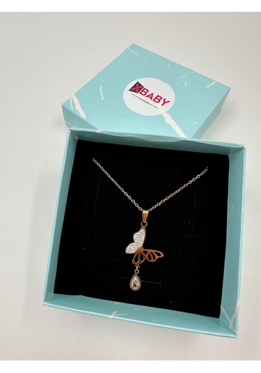 Xbaby Taşlı Kelebekli Gold Kolye Altın - Gümüş