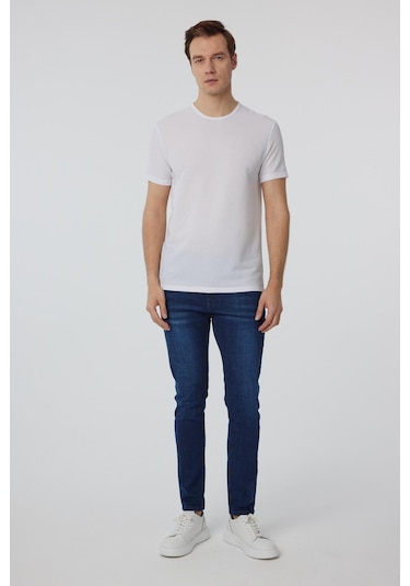 Süvari Beyaz Slim Fit Armürlü Bisiklet Yaka Tişört-37336 Beyaz