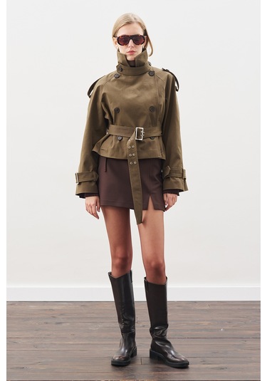 Kemerli Kısa Trençkot Haki Haki