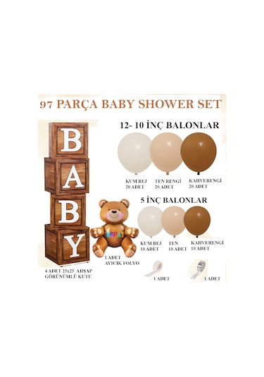Oyuncak Ayı Temalı Baby Shower Set Ahşap Görünümlü Baby Kutu Ve Retro Balon Zincir Set