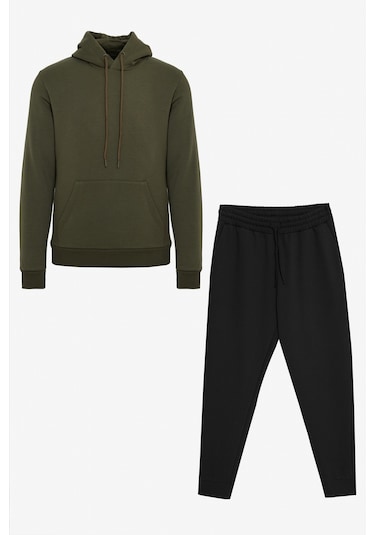 Erkek Hakı-sıyah Pamuklu Standart Fit Normal Kesim Kapüşonlu Kanguru Cepli Eşofman Takımı Hakı-sıyah