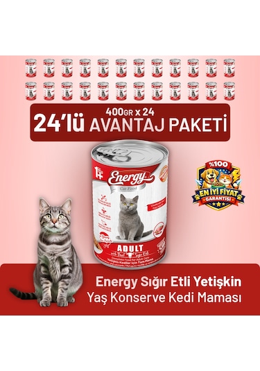Energy Sığır Etli Yetişkin Yaş Kedi Maması 400 G - 24 Adet