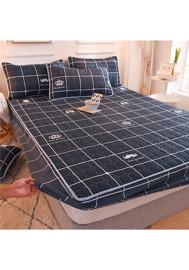 Siyah Yeni % 100% Pamuklu Kumaş Kalınlaşmak Kapitone Yatak Örtüsü Kral Kraliçe Çarşaf Y Koruyucu Hipoalerjenik Ç. K. Alez 56396502 Siyah