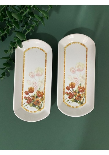 Vintage Lale 2 Adet Oval Kahvaltı Tabağı Kızıl Kahve