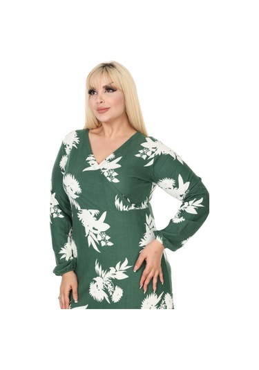 Melsay Butik Kışlık Yumoş Kumaş Kruvaze Yaka Yeşil Beyaz Yaprak Desen Eteği Fırfırlı Midi Elbise Yeşil