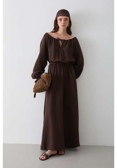 Kahverengi Bağlama Detaylı Müslin Elbise - 2004 Kahverengi