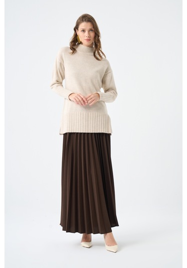 Basic Örme Pliseli Krep Kahve Etek 001