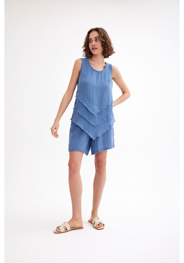 Pamuk Müslin Üçgen Bluz - Şık Ve Rahat Yaz Tasarımı Mavi