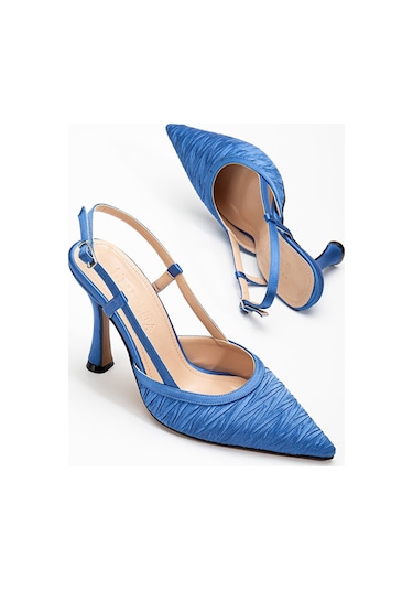 Arkası Açık Saten Özel Tasarım Stiletto MAVİ