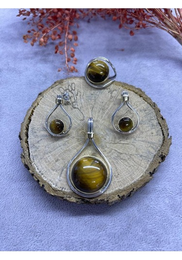 Nsa Gümüş Kaplan Gözü Taşı 925 Ayar Doğal Taş El İşi Gümüş Set