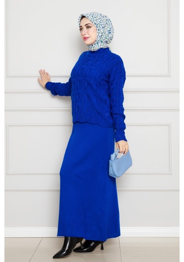 Dantel İşlemeli Jileli Triko Takım-saks Mavi-4433 Saks Mavi