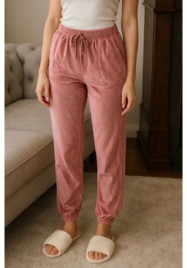 Kadın Paçası Lastikli Cep Detaylı Kadife Kumaş Tek Alt 503 Pembe Pembe