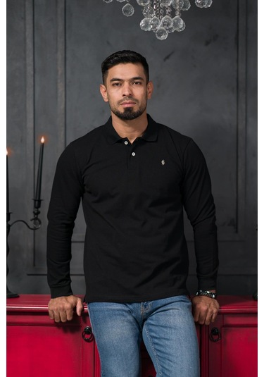 San&fa Regular Fit Polo Yaka Uzun Kol Pamuklu Baharlık Sweatshirt Siyah