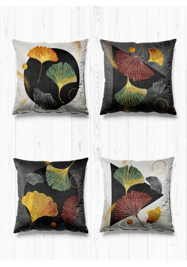 Çift Tarafı Farklı Desenli Süet 4'lü Kırlent Kılıfı-Altın Yapraklı Mermer