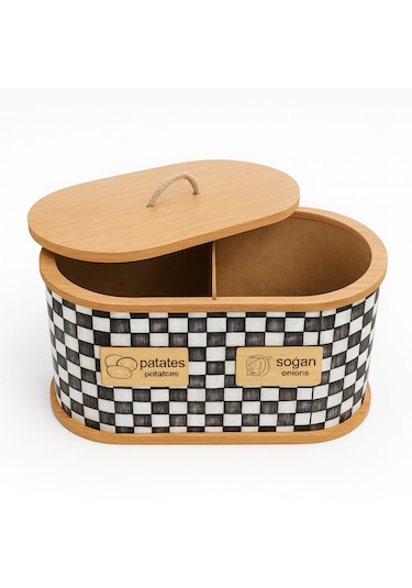 Dekorasyaa 2 Bölmeli Patates Soğanlık - Bambu - Oval Dama Desen Beyaz - Siyah