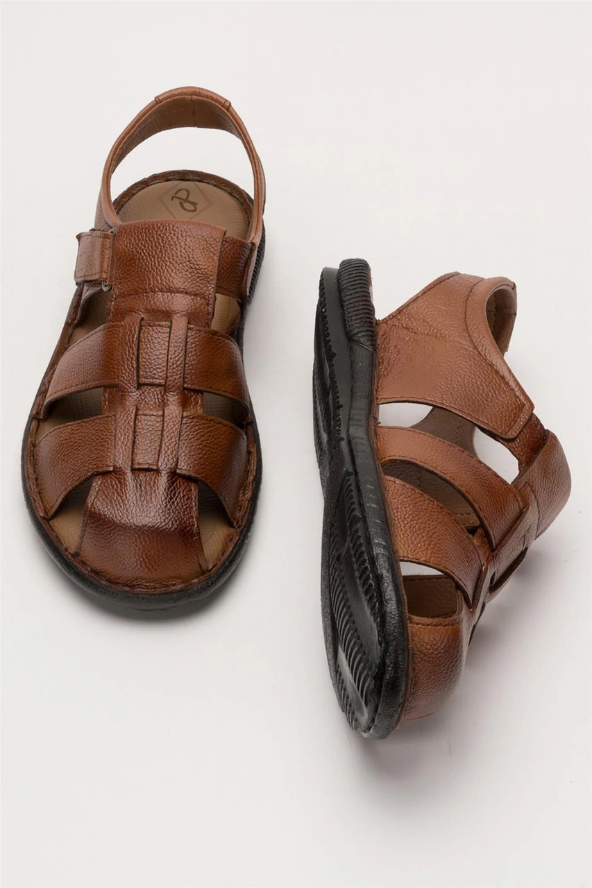 Erkek Hakiki Deri Yazlık Hafif Günlük Ayakkabı Sandalet Taba Taba