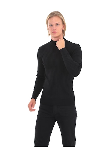 Yarım Balıkçı Yaka Fitilli Triko Kazak - Siyah