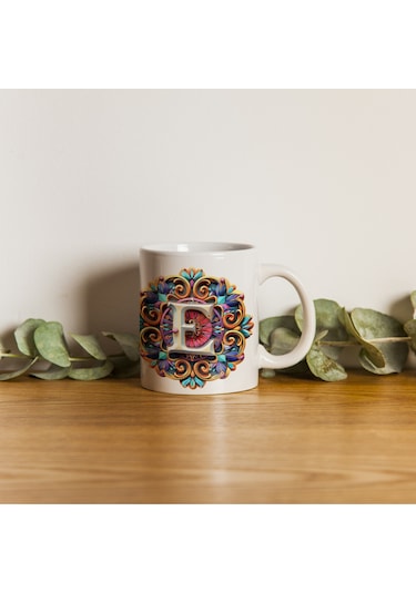 E Harfi Boho Bardak, Renkli Özel Tasarım Hediyelik Harfli Kupa, 330ml Porselen Beyaz