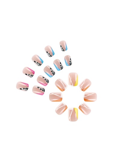 Kısa Kare Parlak Çok Renkli Fransız Tırnak Şeritleri Düzensiz Leopar Tatlı Havalı Takma Tırnaklar 24 Adet Takma Tırnak Dahil Aletlerys018