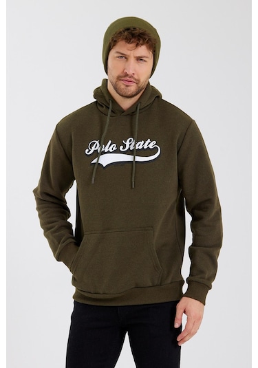 Erkek 3 İplik Pamuklu İçi Polarlı Baskılı Regular Fit Kapüşonlu Kanguru Cepli Haki Sweatshirt Haki