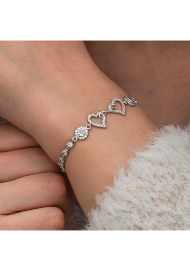 Artsmagazinmücevher Gümüş Sonsuzluk İki Kalp Kadın Bileklik