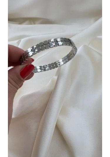 Bb İthal Dört Sıra Taş Kelepçe Bilezik Gümüş