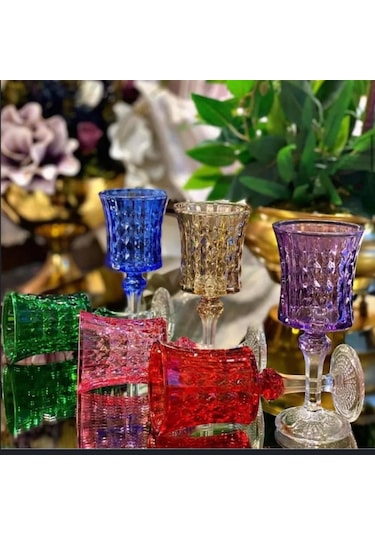 Plt Design El İşi 6'lı Rengarenk Su-Kahve Yanı Bardağı Kristal Ayaklı Su Bardağı