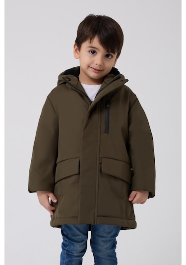 Erkek Çocuk Kürklü Su Ve Rüzgar Geçirmez Kapüşonlu 3 Kışlık Mont & Kaban & Parka Haki